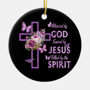 Gods zegen door Jezus Paarse Bloemenkruis Keramisch Ornament
