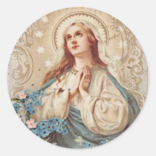 Godsdienstige Gezegende Maagd Maria Bloemen Kaart Ronde Sticker (Voorkant)