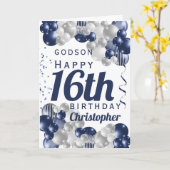 Godson 16th Birthday Navy Balloon Kaart (Gele Bloem)