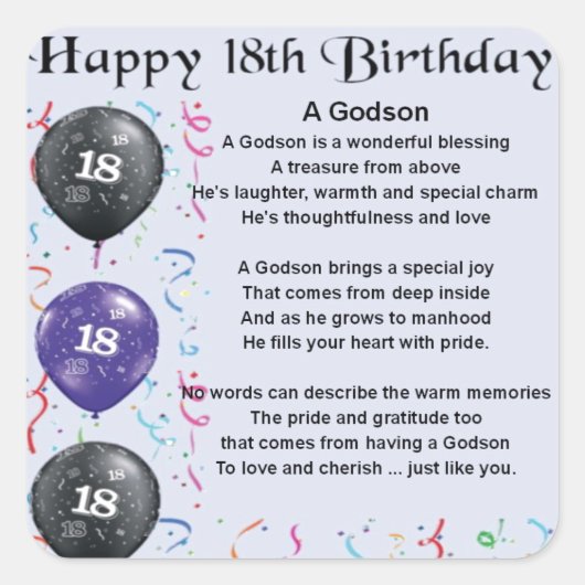 Godson gedicht - 18th Birthday Design Vierkante Sticker (Voorkant)