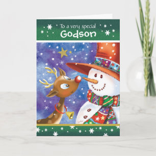 Godson, Schattige rendier en sneeuwman Feestdagen Kaart