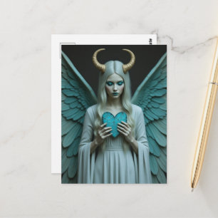Goed en Kwaad houden een turquoise hart vast Briefkaart