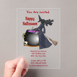 Goed uitziende heks en de ketel Halloween Acryl Uitnodigingen