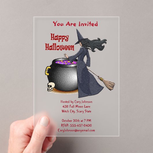 Goed uitziende heks en de ketel Halloween Acryl Uitnodigingen (Insitu (Draagbaar))