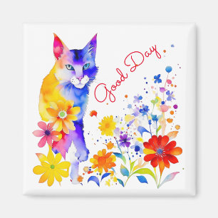 Goede Dag Waterverf Kat en Bloemen Magneet