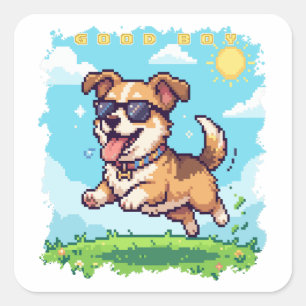 Goede Jongen Pixel Puppy Retro Gaming Design Vierkante Sticker
