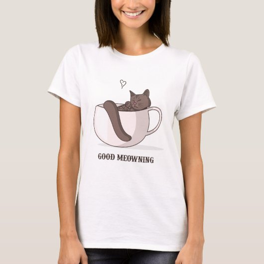 Goede Meowning, katje op een koffiebeker T-shirt (Voorkant)