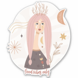 Goede vibes alleen boho vrouw bloemen maan sticker