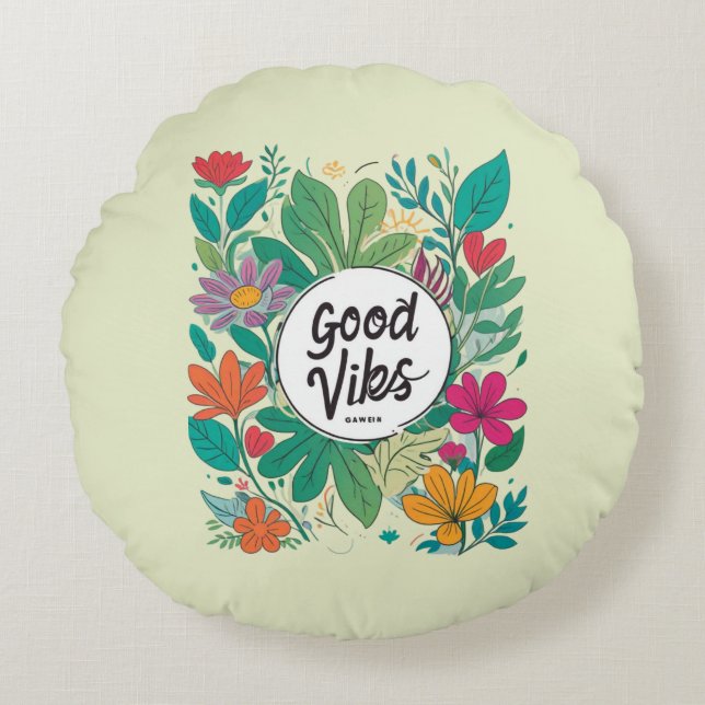 Goede vibes bloemenontwerp in heldere kleuren rond kussen (Voorkant)