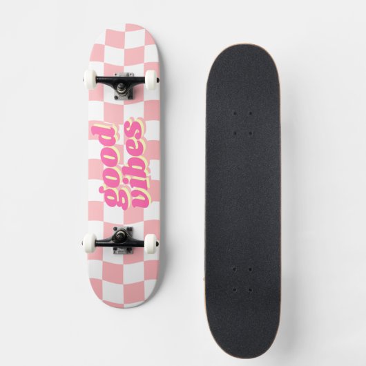 Goede Vibes Girly Pastel Roze Wit Checker Patroon Skateboard (Voorkant)