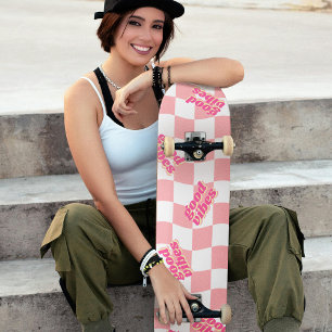 Goede Vibes Girly Pastel Roze Wit Geruit Skateboard