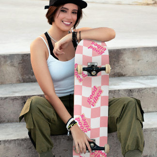 Goede Vibes Girly Pastel Roze Wit Geruit Skateboard