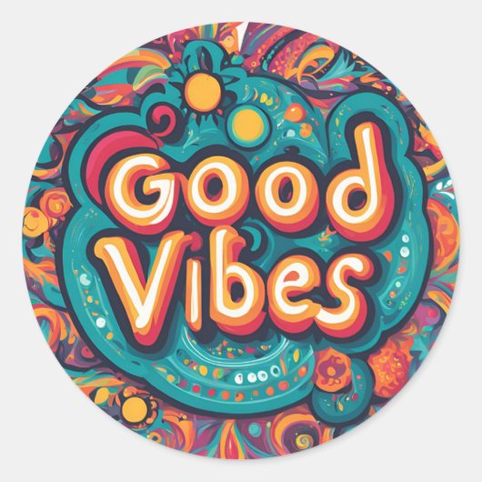 Goede Vibes Kleurrijke Groovy Hippie Retro Ronde Sticker (Voorkant)