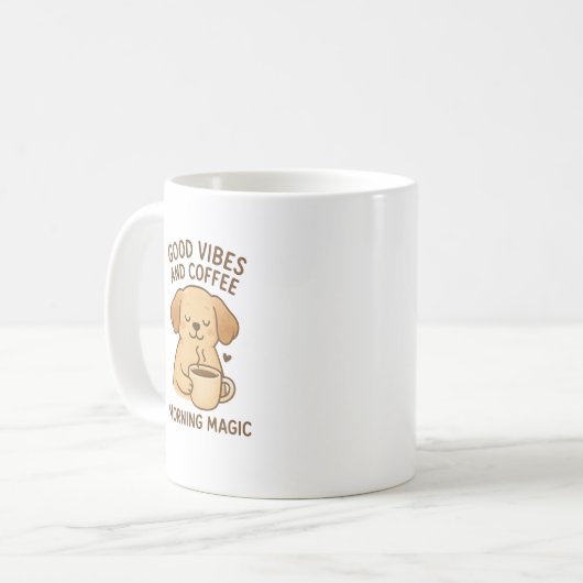 Goede Vibes & Koffie – Speelse Puppy Digitale Kuns Koffiemok (Voorkant links)
