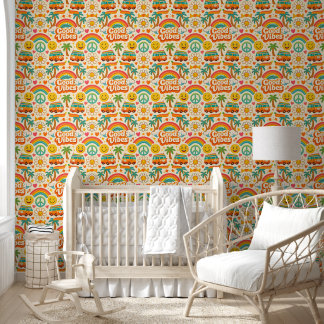 Goede vibes, retro hippie regenboog en smiley wall behang