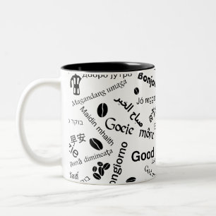 Goedemorgen in alle talen van het woord tweekleurige koffiemok