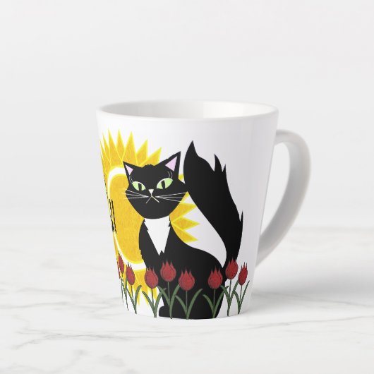 Goedemorgen mooi! Kat met zon en tulpen Latte Mok (Rechterhoek)