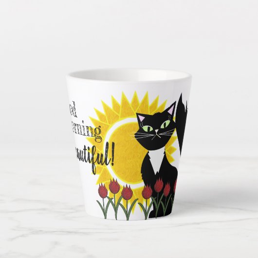 Goedemorgen mooi! Kat met zon en tulpen Latte Mok (Voorkant)