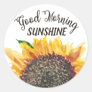 Goedemorgen Zonneschijn Geel Bruine Zonnebloem Wit Ronde Sticker