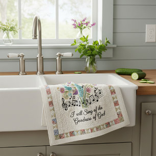 Goedheid van God quilted look bloemen muziek Theedoek
