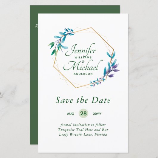 GOEDKOOPSTE Save The Dates Turquoise Blauw Bloemen (Voorkant / Achterkant)