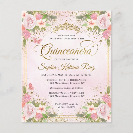 Goedkope bloemenblush roze goud tiara quinceañera flyer (Voorkant)