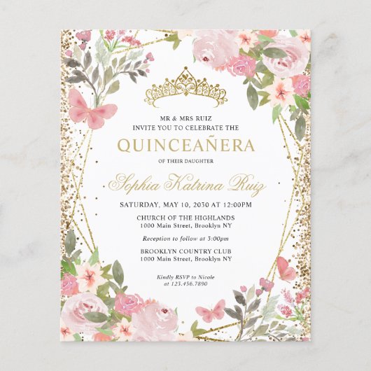 Goedkope bloemige blozende gouden tiara Quinceañer Flyer (Voorkant)