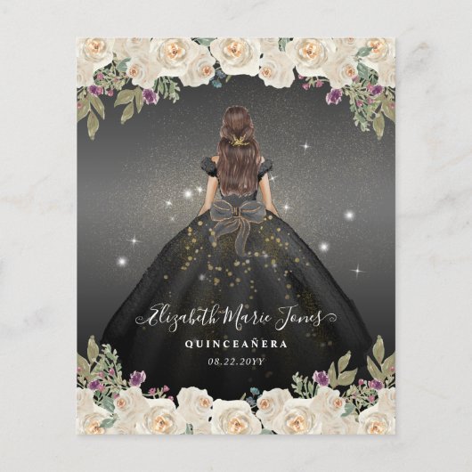 Goedkope Floral Zwart Grijs Goud Prinses Quinceane Flyer (Achterkant)