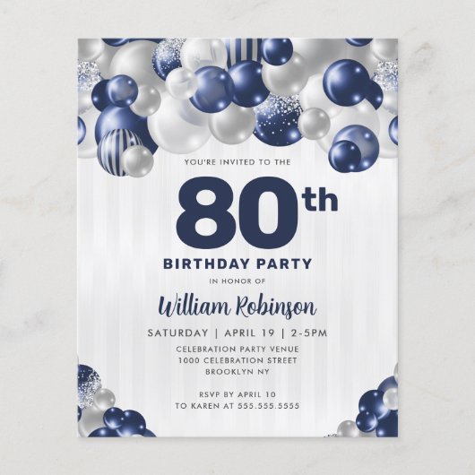Goedkope Navy Blue Silver Glitter Balloon Verjaard Flyer (Voorkant)