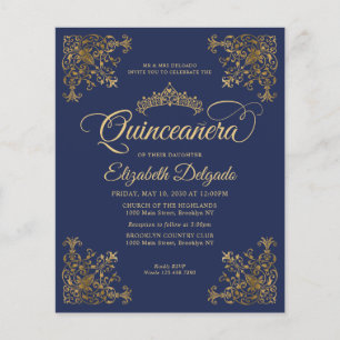 Goedkope  Royal Blue Gold Lijst Quinceanera Flyer