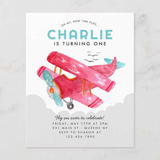 Goedkope Sky Cloud Waterverf Red Airplane Verjaard Flyer (Voorkant)