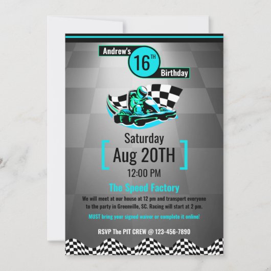 GoKart Party-uitnodiging - Blue Speed Racer Kaart (Voorkant)