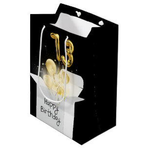 Gold 13th Birthday ballons in White Box Medium Cadeauzakje
