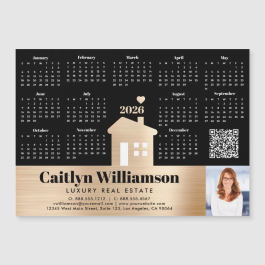 Gold 2026 Calendrier Realtor Photo QR Code Magnet (Devant)