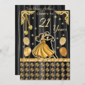 Gold 21st Birthday with Dancing Couple Invitation (Devant / Derrière)
