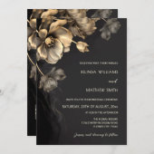 Gold 3 D Flowers Black Wedding Invitation (Devant / Derrière)