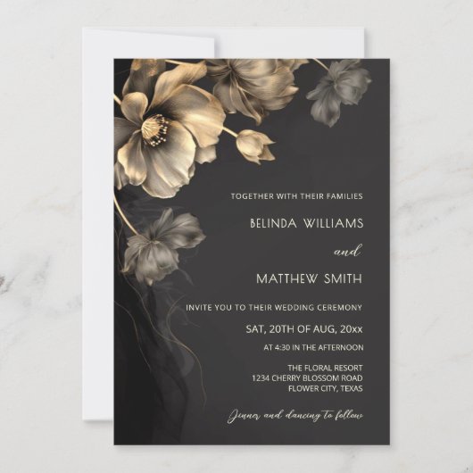 Gold 3D Flowers Black Wedding Invitation Kaart (Voorkant)