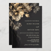 Gold 3D Flowers Black Wedding Invitation Kaart (Voorkant / Achterkant)