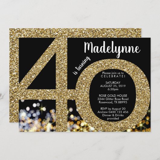 Gold 40th Birthday Invitation - 40th Invitation (Devant / Derrière)
