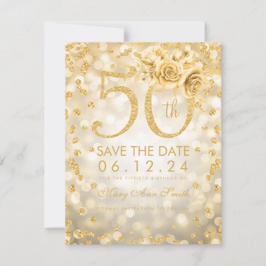 Gold 50th Birthday Glam Licht sparen de datum Save The Date (Voorkant)