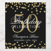 Gold 50th Birthday Glitter Confetti Black Wijn Etiket (Enkel label)