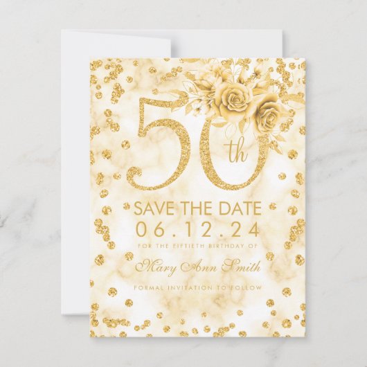 Gold 50th Birthday Modern Marble Save the Date (Voorkant)