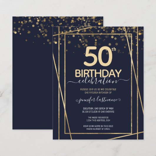 Gold 50th Birthday Party Budget Invitation (Voorkant / Achterkant)