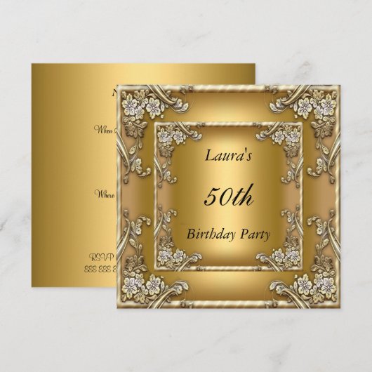 Gold 50th Birthday Party Invitation Gold Kaart (Voorkant / Achterkant)