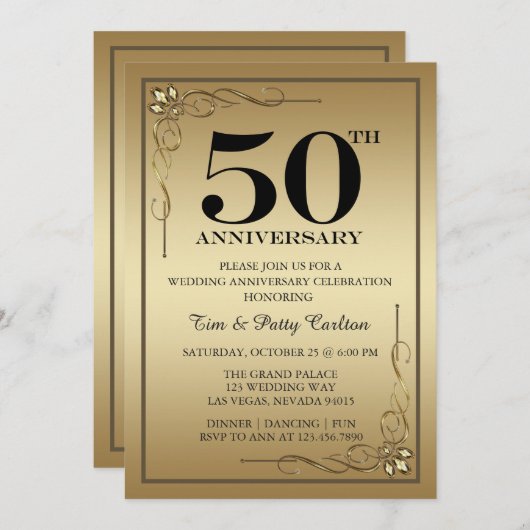 Gold 50th Mariage Anniversary Party invitation (Devant / Derrière)