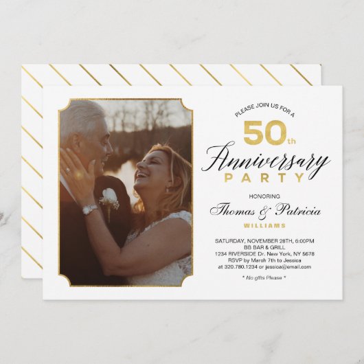 Gold 50th Mariage Anniversary Photo Invitation (Devant / Derrière)