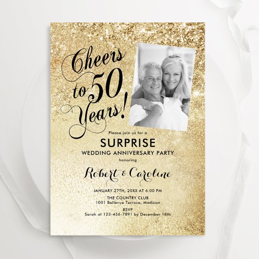 Gold 50th Surprise Bruiloft Jubileum Foto Kaart