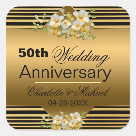 Gold 50th Wedding Jubileum Vierkante Sticker (Voorkant)