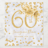 Gold 60th Birthday Floral Marble Glam Lights Wijn Etiket (Enkel label)