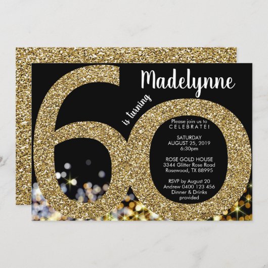 Gold 60th Birthday Invitation - 50th Invitation (Devant / Derrière)